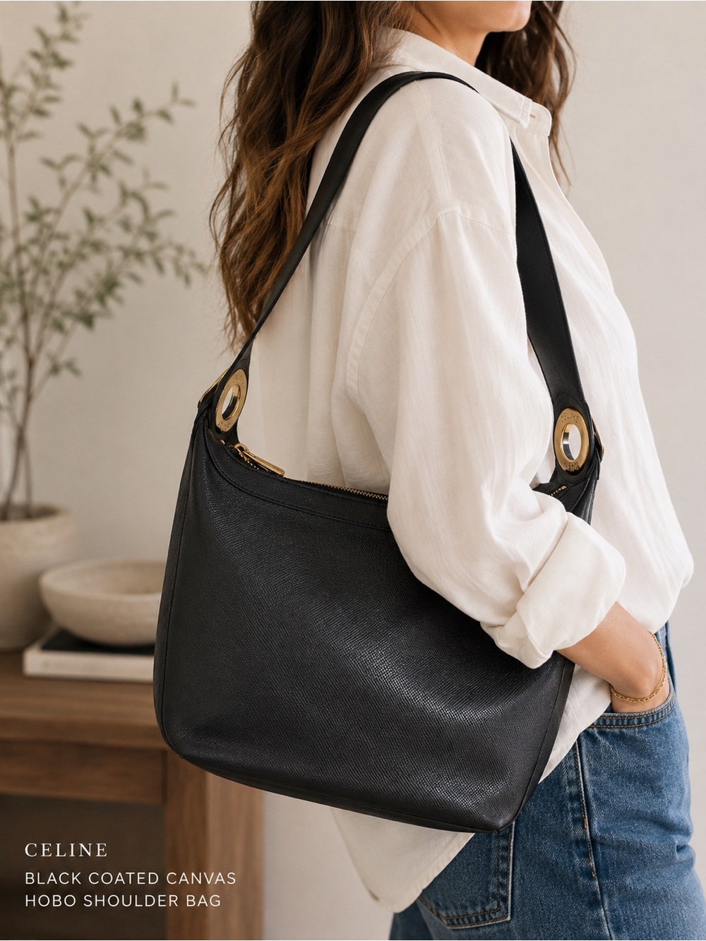 Celine Black Textured Hobo Shoulder Bag Coated Canvas & Leather Made in Italy